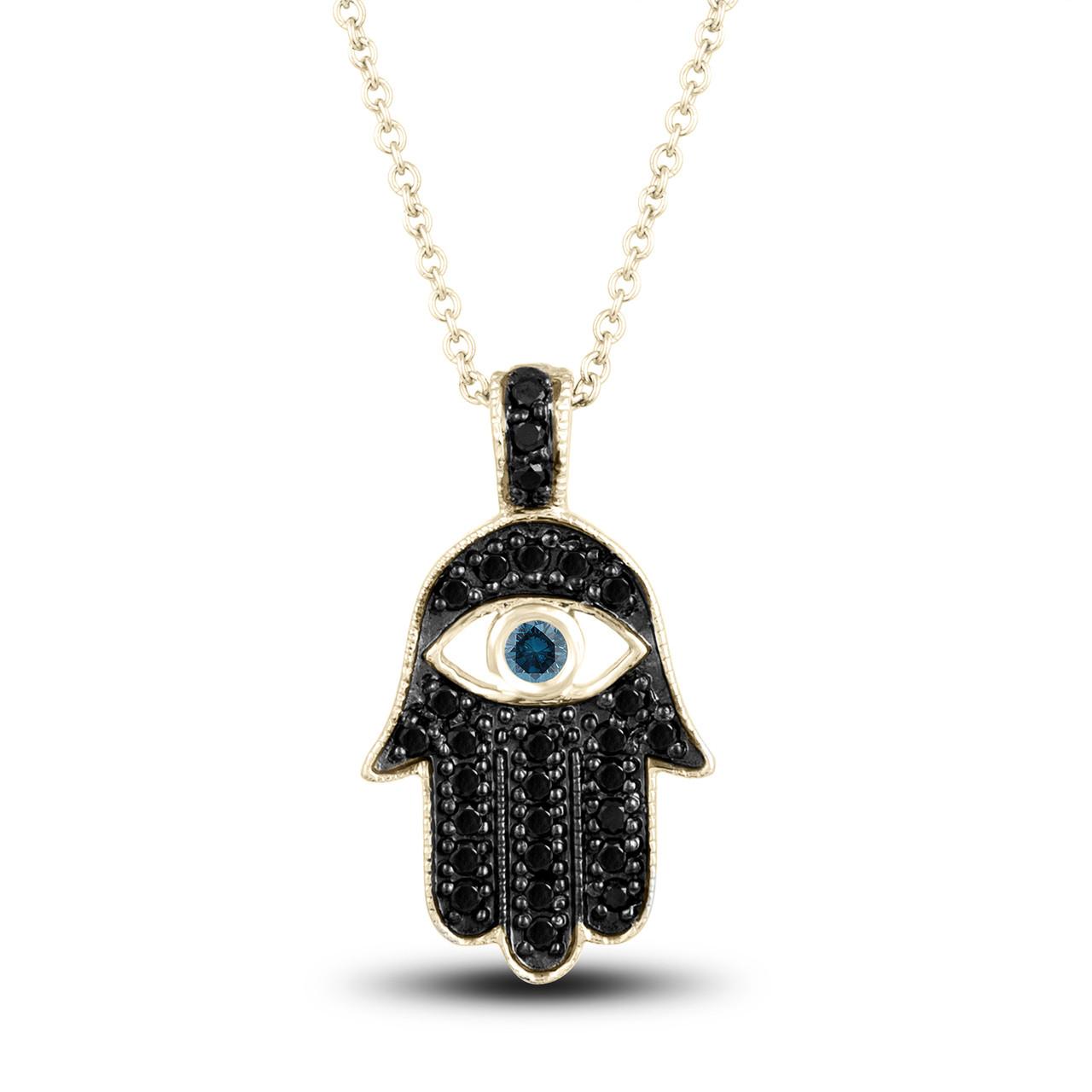 Fancy Black Diamond Hamsa Pendant Necklace Blue Diamond Eye 0.36 Carat ...