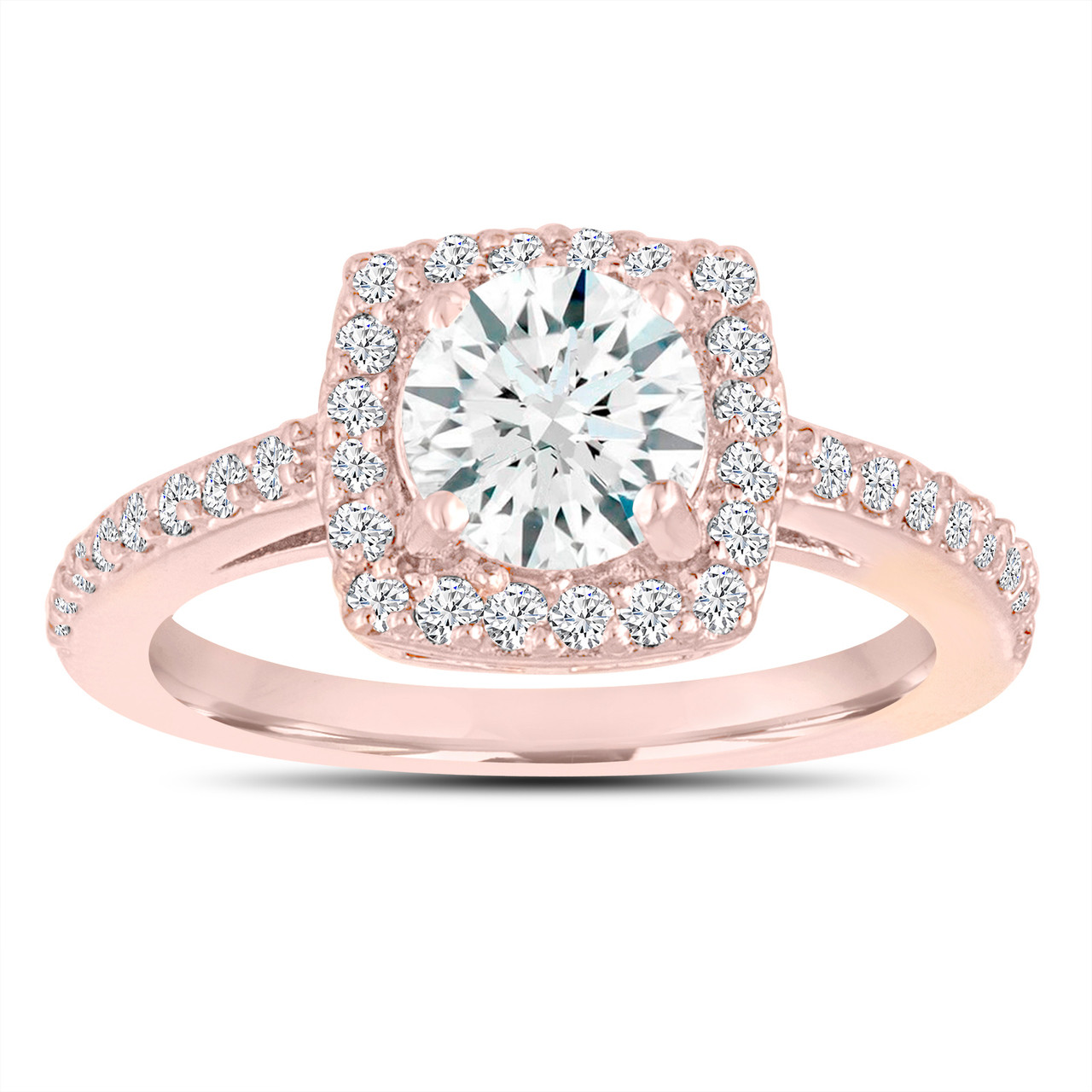 White Sapphire Engagement Ring, Wedding Ring 14K Rose Gold 1.38 Carat Certified Pave Halo Handmade