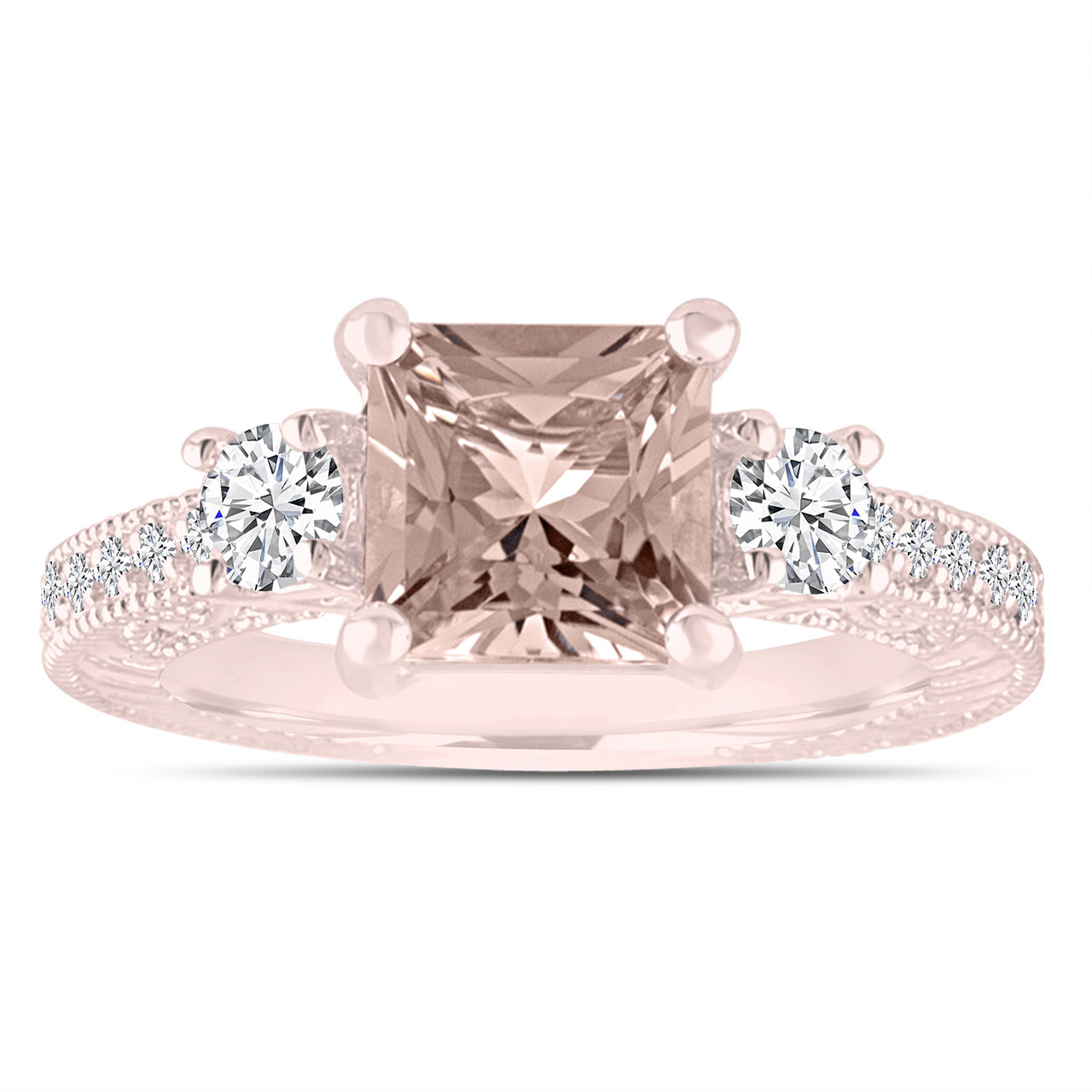 Princess Cut Morganite Engagement Ring Rose Gold Three Stone