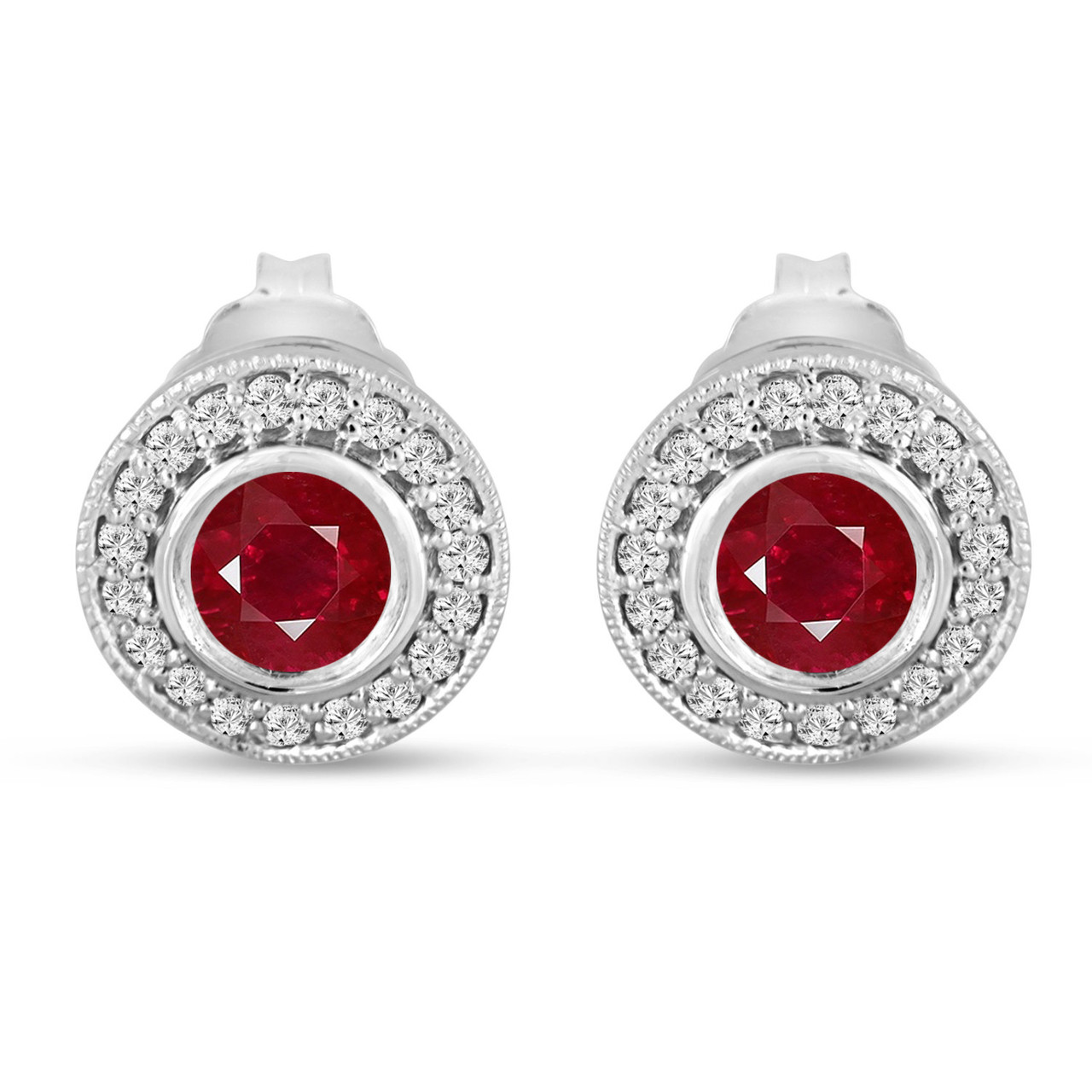 Ruby Stud Earrings 0.90 Carat 14k White Gold Micro Pave And Bezel Set