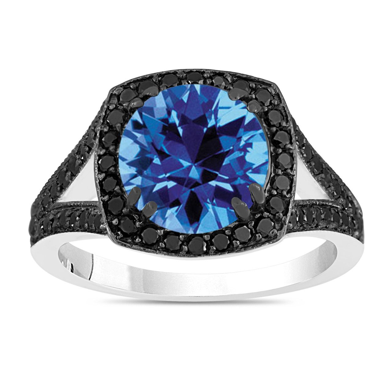 3.04 Carat Blue Topaz Engagement Ring, Wedding Ring With Black Diamonds