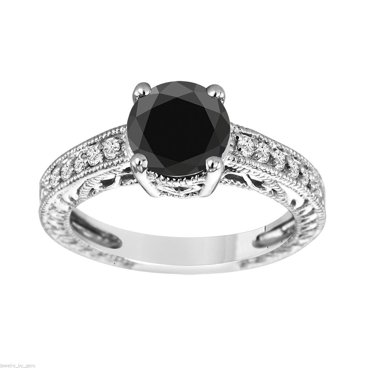 2.16 Carat Natural Black Diamond Engagement Ring Antique Vintage Style