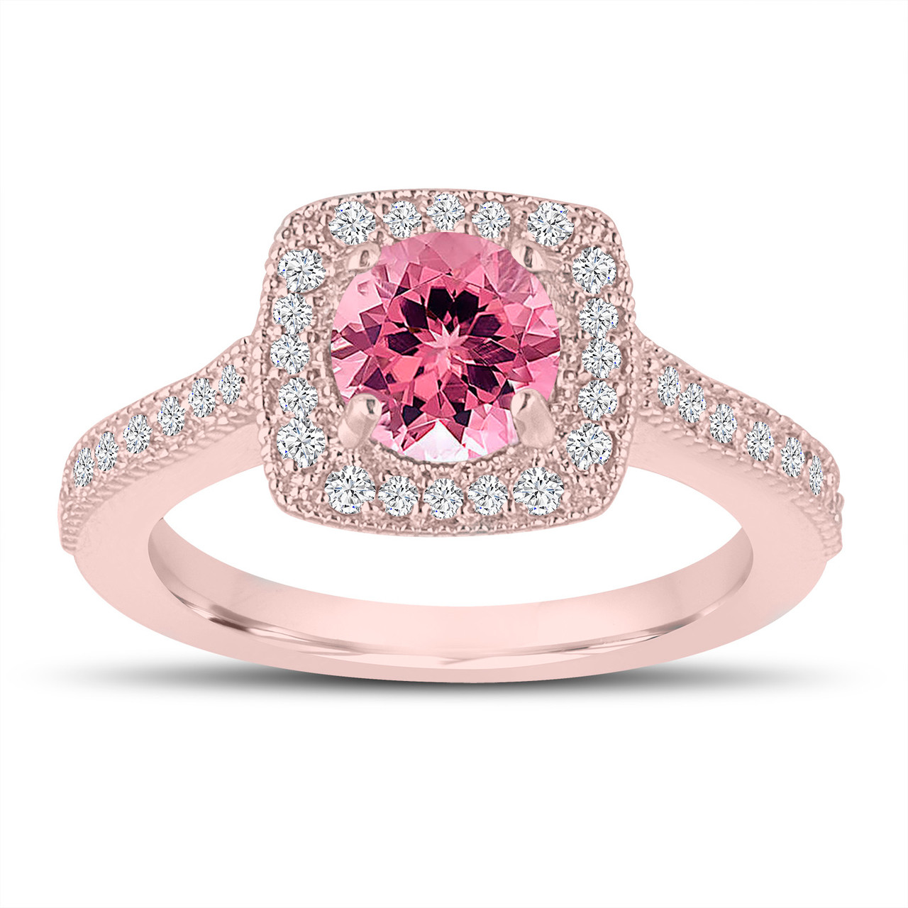 1.28 Carat Pink Tourmaline Engagement Ring, Wedding Ring 14K Rose Gold Halo Pave Certified Handmade