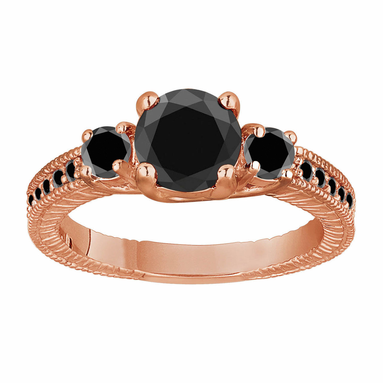 1.45 Carat Black Diamond Engagement Ring, Three Stone Wedding Ring 14K ...