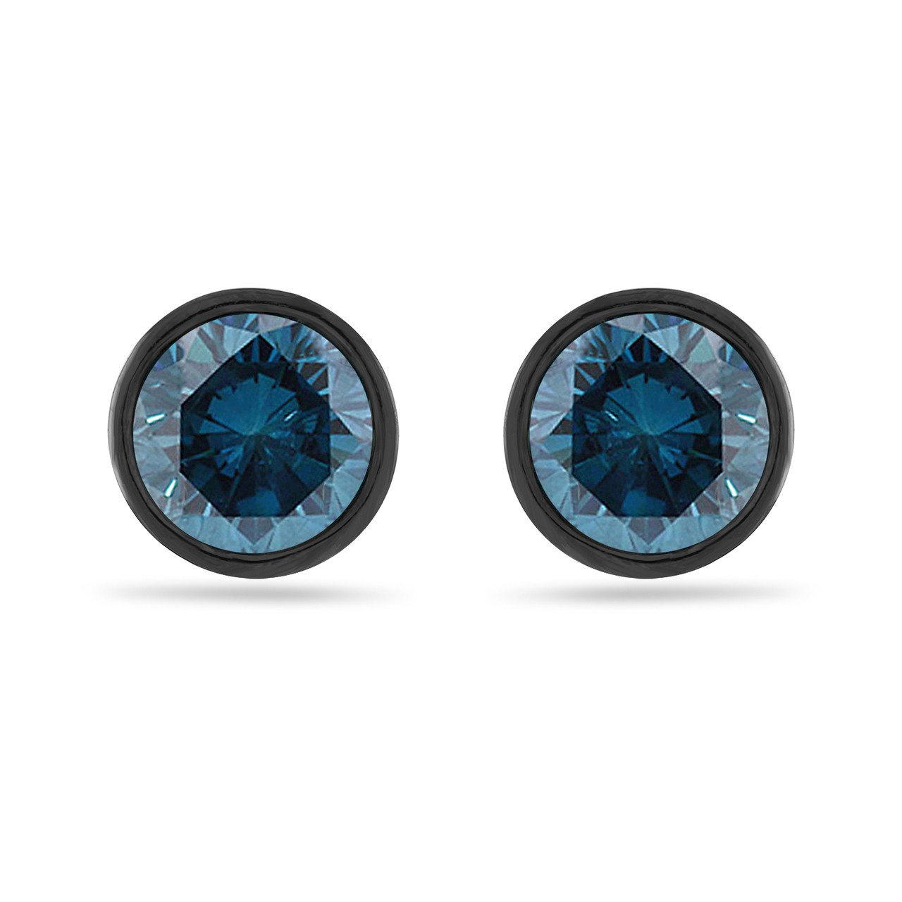 2.00 Carat Blue Diamond Stud Earrings, Bezel Set Earrings, 14K Black