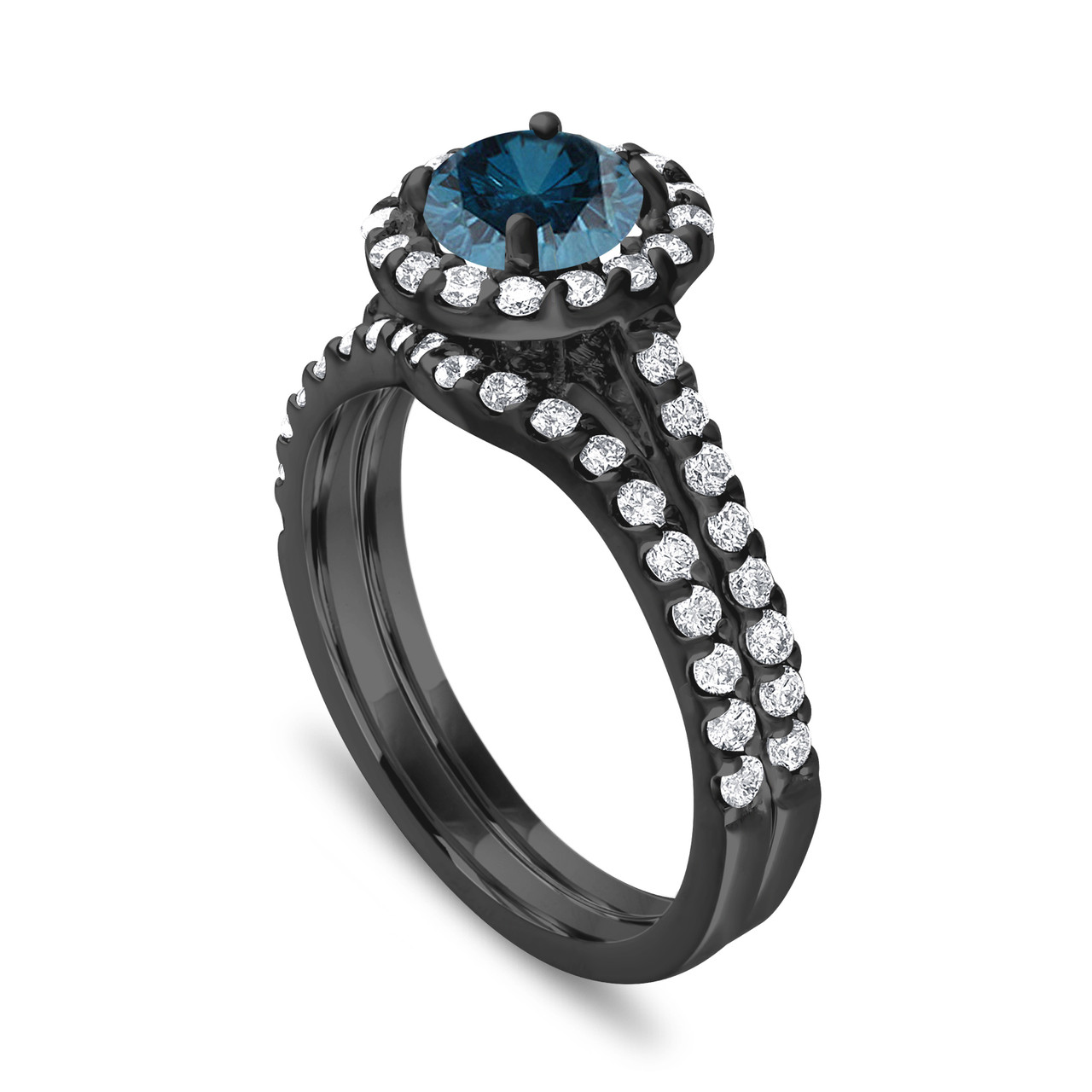 Blue Diamond Engagement Ring Set Wedding Ring Set Vintage