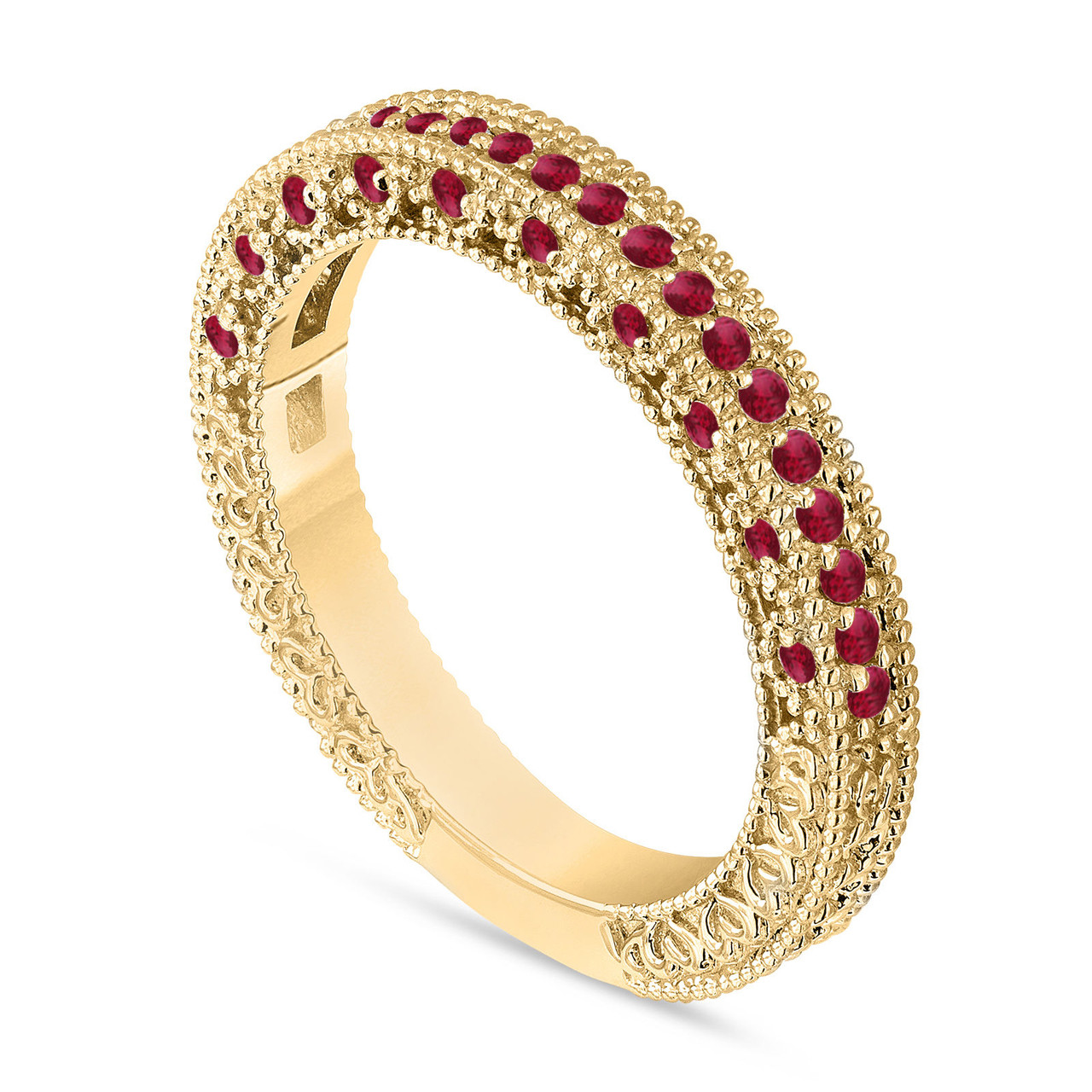 Gold Ruby Wedding Band, Anniversary Ring, Half Eternity Ring, 14K