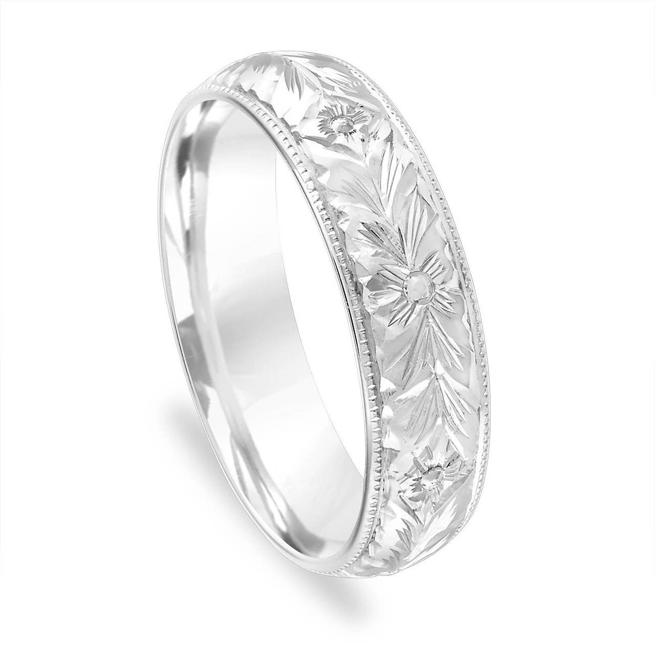 Hand Engraved Wedding Band Mens Vintage Wedding Ring 5 Mm Womens Wedding Band Unique Antique Wedding Band 14k White Gold Handmade