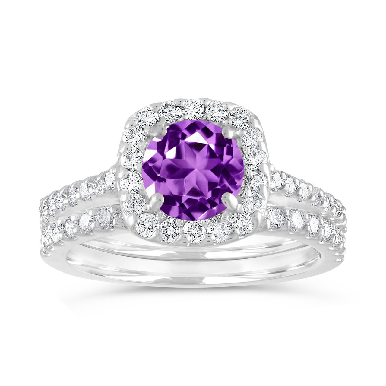 Amethyst Engagement Ring Set, Purple Amethyst and Diamonds