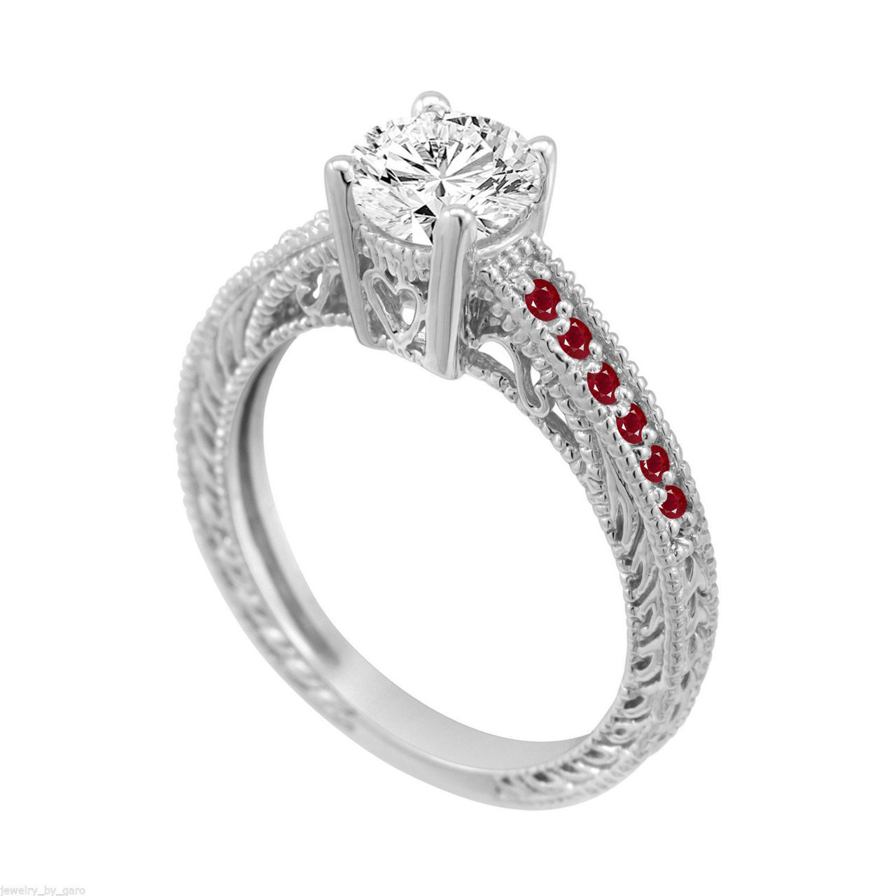 Diamond & Rubies Engagement Ring, Vintage Ruby Wedding Ring, Certified