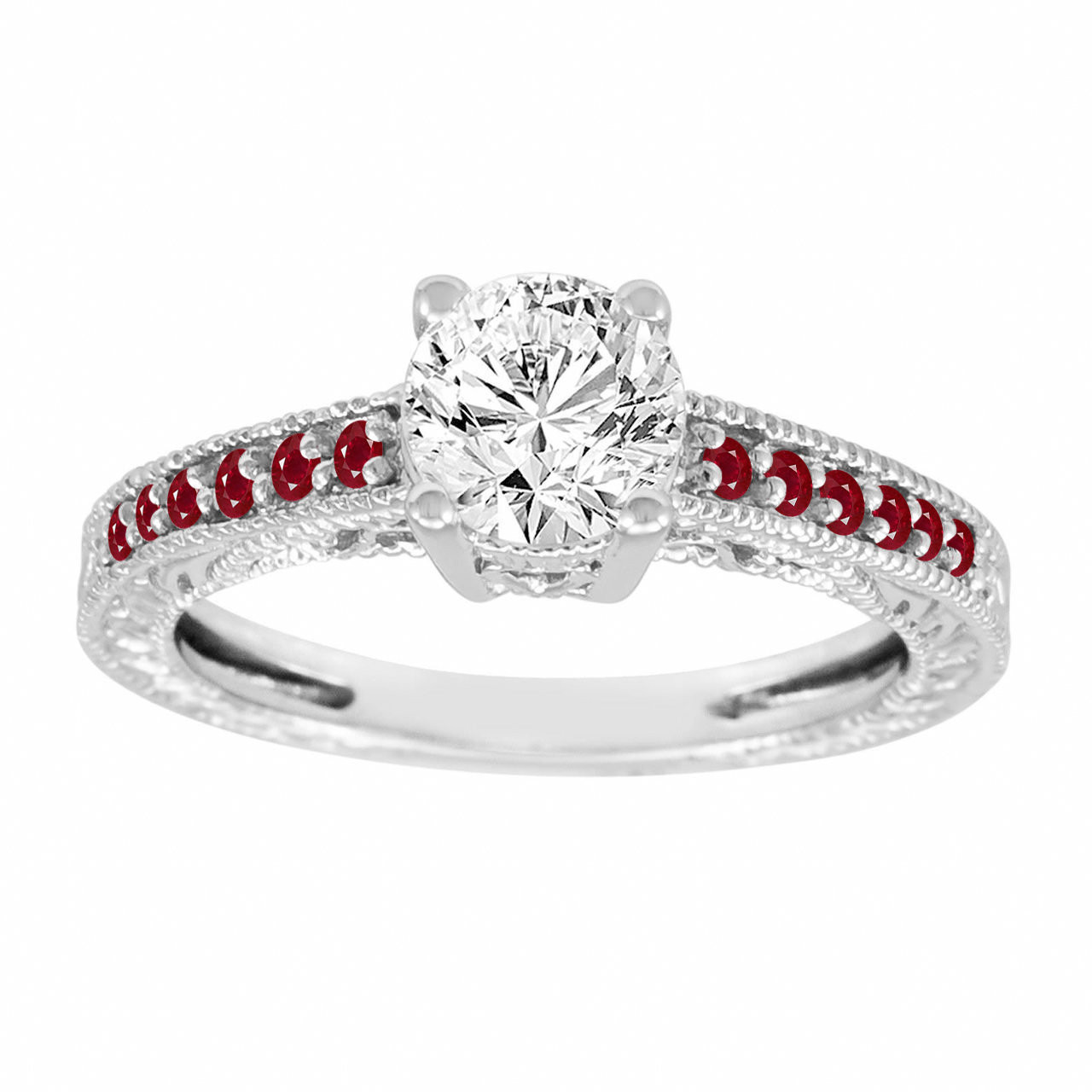 Platinum Diamond & Rubies Engagement Ring, Vintage Ruby Wedding Ring