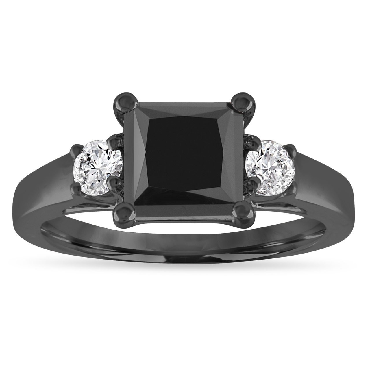 Vintage Black Diamond Engagement Ring, Princess Cut Black and White Diamonds Three Stone ...