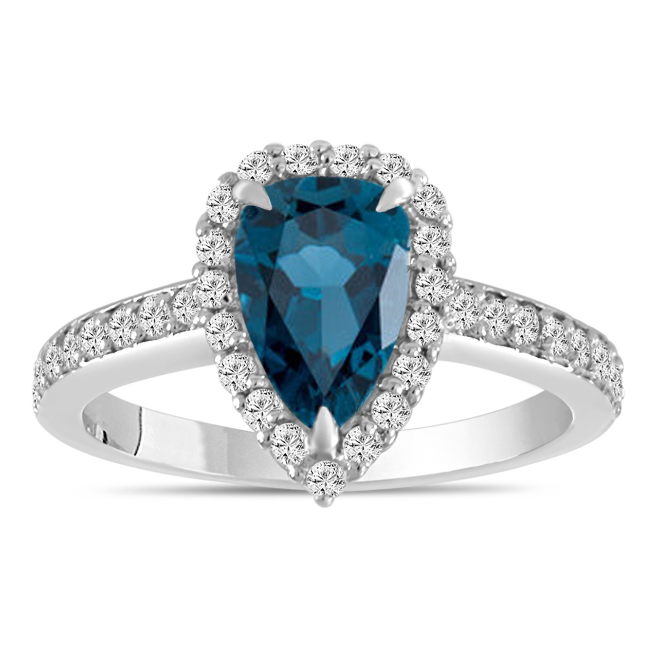 Pear Shaped London Blue Topaz Engagement Ring 2 Carat 14k White Gold ...