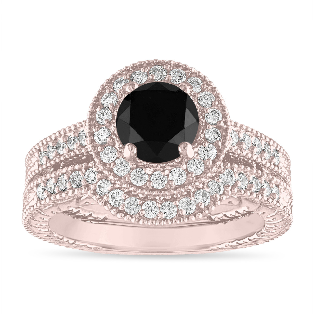 Black Diamond Engagement Ring Set Wedding Rings Sets 14k Rose Gold Halo Pave Vintage Style 4387