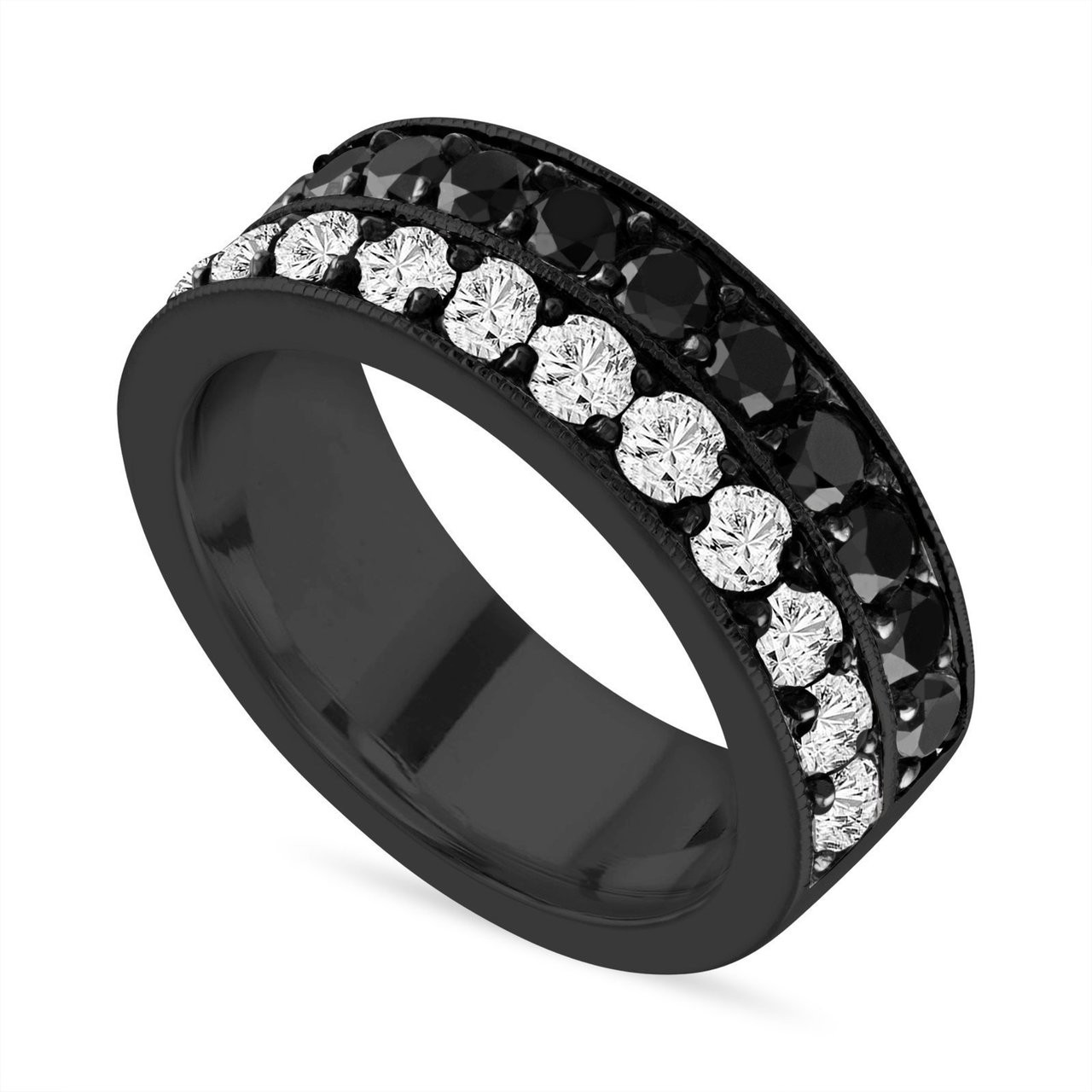 Black & White Diamond Mens Wedding Band, Vintage Diamond Wedding Ring, 2.80 Carat 8 mm Two Row