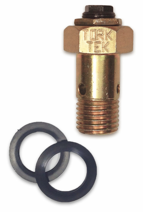 Closeup of the Tork Tek adjustable overflow valve for the Bosch P7100 pump. To adjust your fuel pressure, loosen the jam nut, and turn the hex plunger with a 5\/16 wrench.
