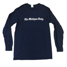 Long sleeve t-shirt in navy, with a full "Michigan Daily" logo in white. Available in Small, Medium, and Large