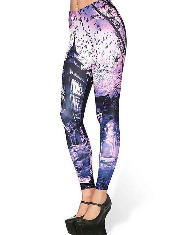 Tight Leggings With Haunted House Halloween Print Design