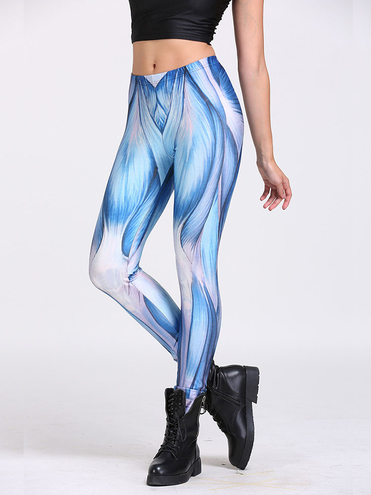 Tight Leggings With Muscle Print Design In Blue