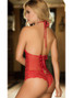 Intimate Teddy Bodysuit Lingerie With Sheer Lace Panels In Red Equipped With High Halter Neck, Sheer Lace Panels And Cheeky Bottom Design