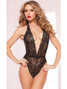 Lace Teddy Bodysuit With Sexy Plunge Neck In Black Equipped With Open Back, Halter Neck Design And Thong Bottom
