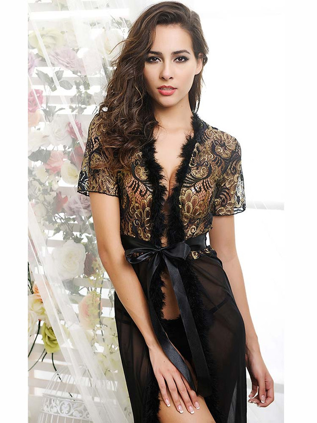 Short Sleeved Sheer Chemise Lingerie Gown In Black Equipped With Fur Trim