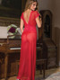 Romantic Red Chemise Gown Lingerie With Deep V Neck Front And Back With A Side Slit Design