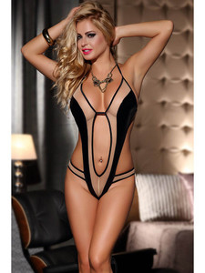 Seductive Teddy Lingerie With Sexy Wet Look Design Equipped With Halter Neck, Open Sides, Open Back And Adjustable Back Ties