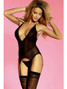 Seductive V Front Basque Garter Slip Lingerie With Thigh High Stockings In Black Equipped With Adjustable Halter Neck Tie, Sexy Open Back And G String