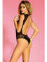 Classy Teddy Lingerie With Open Back Design In Black Equipped With Lovely Lace Panels, Heart Shape Clasp And Semi Open Front Design