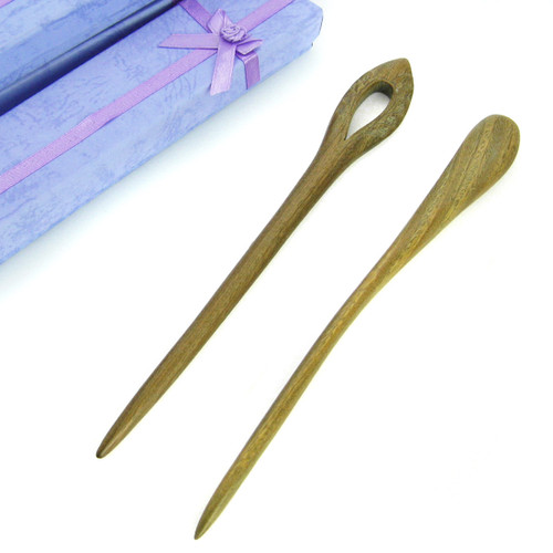 kilofly Oriental Handcraft Carved Wooden Hair Sticks Set of 2, with Gift Box