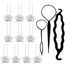 kilofly Rhinestone Flower Hair Pins Set of 10 + Hair Styling Bun Maker Tools