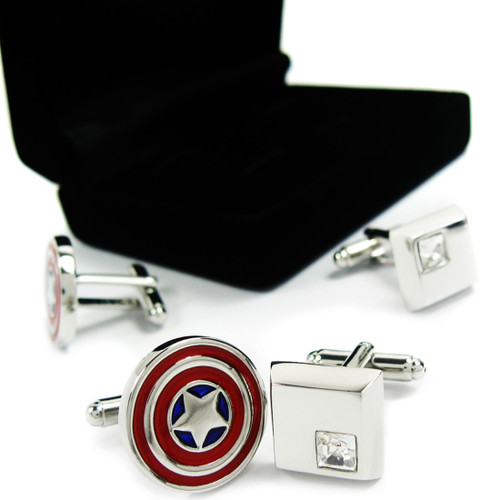 kilofly Cufflinks Combo [Set of 2 pairs] - Captain America, with Velvet Gift Box