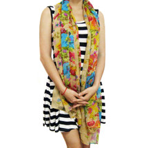 kilofly Large Floral Scarf, with Crystal Rhinestone Cat Brooch - Summer Floral