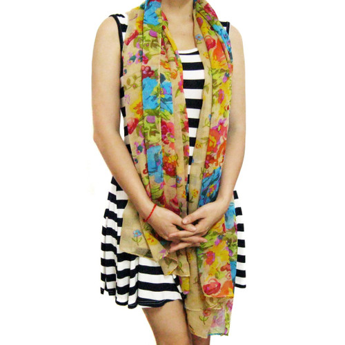 kilofly Large Floral Scarf, with Crystal Rhinestone Cat Brooch - Summer Floral