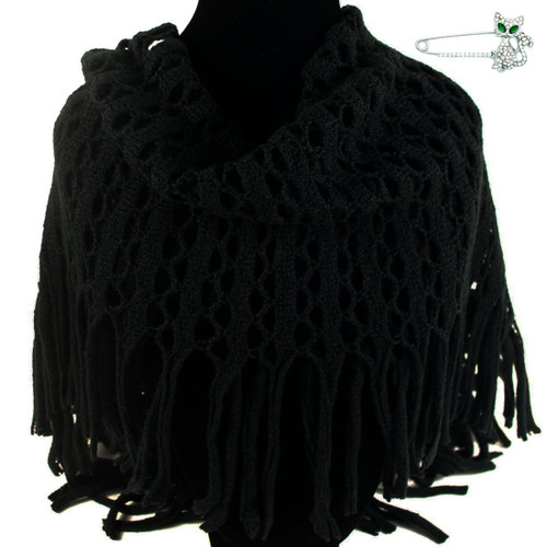 kilofly Knit Circle Neck Warmer Tassels Scarf, with Rhinestone Cat Brooch Pin