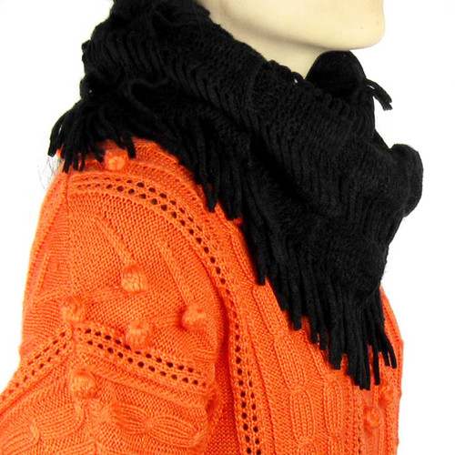 kilofly Knit Infinity Neck Warmer Tassels Scarf, Wavy, + Cat Brooch Pin