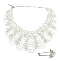 kilofly White Faux Pearl False Collar Necklace, Coco, with Rhinestone Cat Pin
