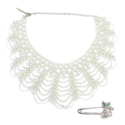 kilofly White Faux Pearl False Collar Necklace, Coco, with Rhinestone Cat Pin