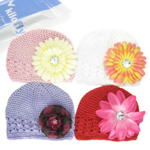 KF Baby Soft Crochet Beanie Hat with Flower Clip, Set of 4 (4 Hats + 4 Clips)