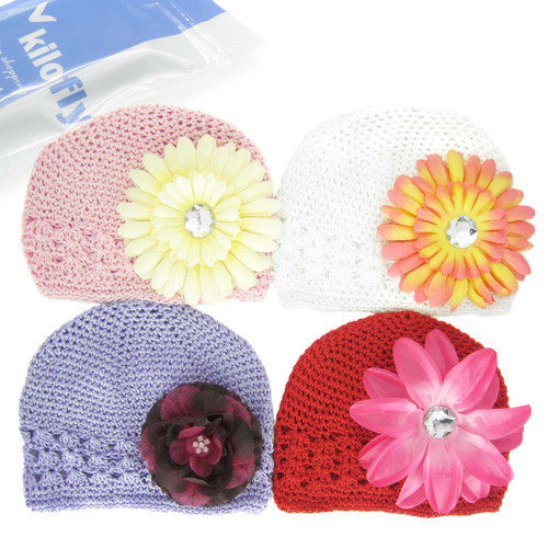 KF Baby Soft Crochet Beanie Hat with Flower Clip, Set of 4 (4 Hats + 4 Clips)