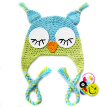 KF Baby Animal Beanie Hat, with Ear Flaps, Owl, Blue Green, 4 Pinback Buttons