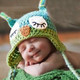 KF Baby Animal Beanie Hat, with Ear Flaps, Owl, Blue Green, 4 Pinback Buttons