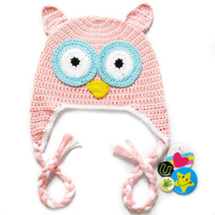 KF Baby Animal Beanie Hat, with Ear Flaps and Braids, Owl, Pink + 4 Pinback Buttons