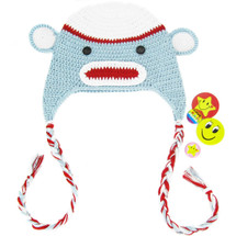 KF Baby Animal Beanie Hat, with Ear Flaps, Monkey, Grey, 4 Pinback Buttons