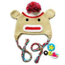 KF Baby Animal Beanie Hat, with Ear Flaps, Monkey, Brown, 4 Pinback Buttons