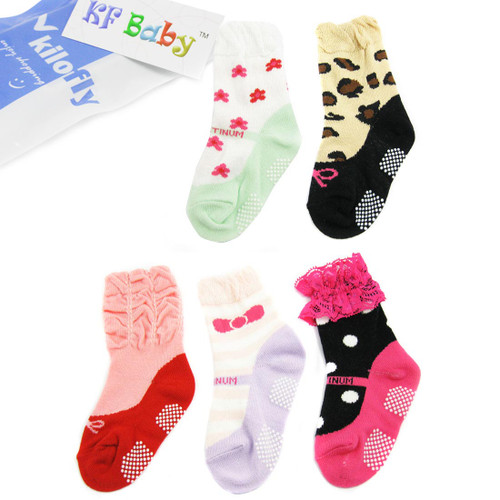 KF Baby Non-Skid Baby Girl Ruffle Lace Shoe Socks,5 pairs