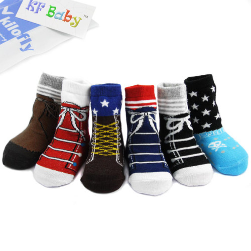 KF Baby Non-Skid Baby Boy Shoe Socks, 6 pairs, for 6 - 18 Months