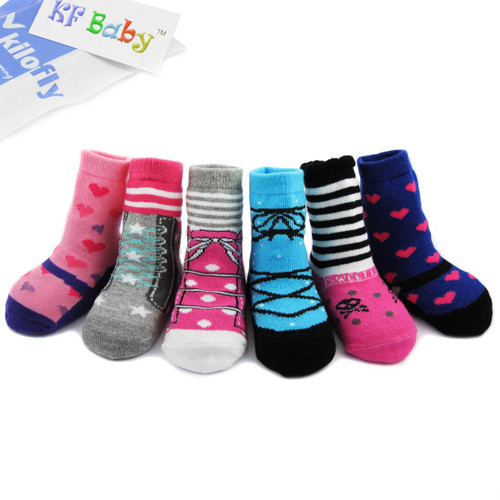 KF Baby Non-Skid Baby Girl Shoe Socks, 6 pairs, for 6 - 18 Months