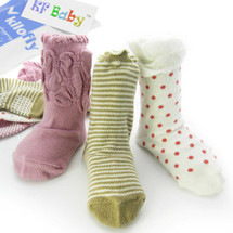 KF Baby Girl Non-Skid Lace Ruffle Socks Set, 3 pairs, Pinky Love, 9 - 18 Months